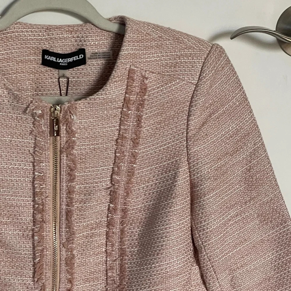 New! Karl Lagerfeld Paris Tweed Fringe Jacket pink nwt 29610 - Picture 5 of 16
